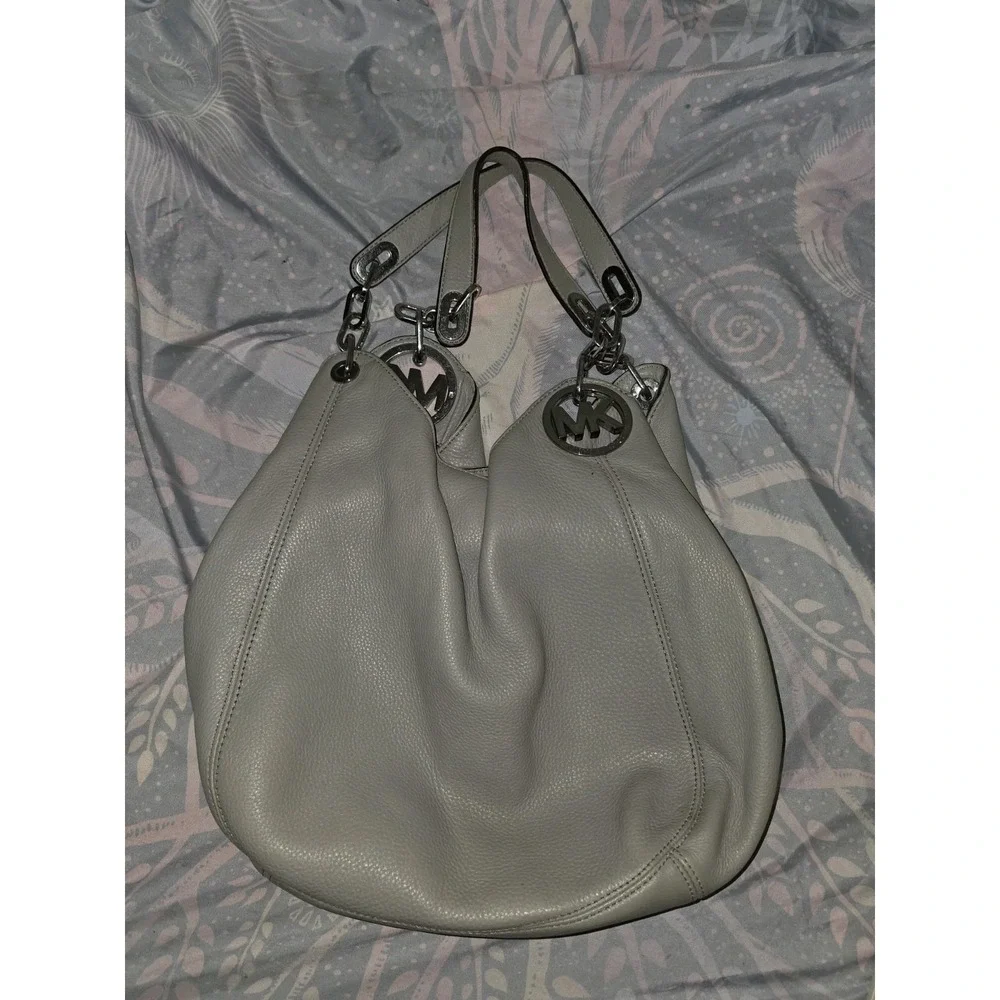 Michael Kors Fulton Hobo Shoulder Bag Gray Pebbled Leather Silver MK Logo Charm